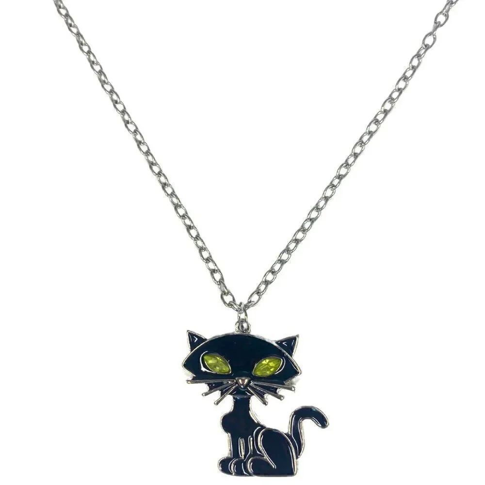 Gothic Black Hep Cat Green Eyes Pendant Necklace Halloween Accessory Cat Lovers